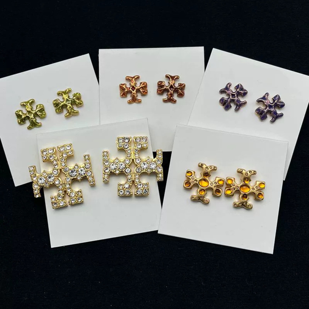 Tory Burch Double Gold Plated Enamel Painted Rhinestone Stud Earrings